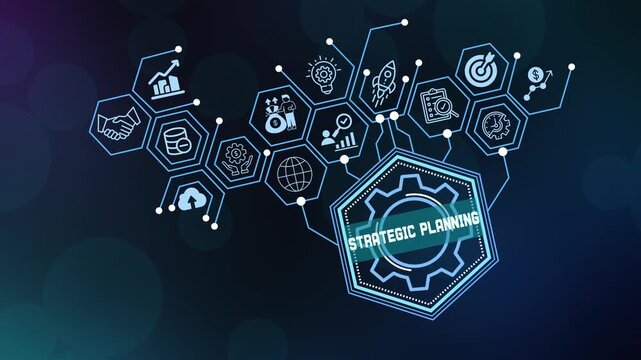 Strategic planning and corporate vision concept with target icons, roadmap symbols, and logical business pathways for long-term goal achievement