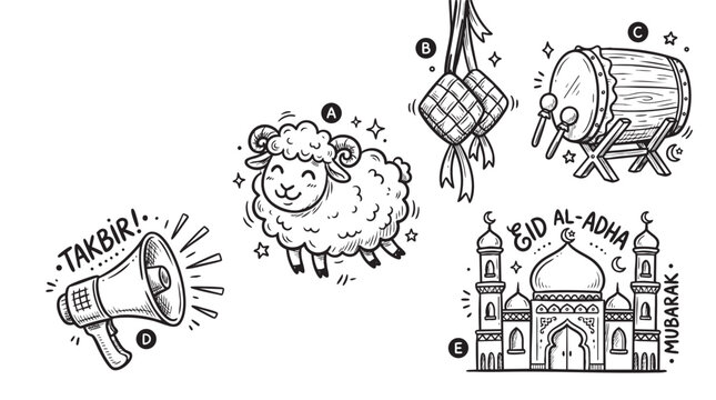 Eid al-Adha Celebration Elements Hand-Drawn Doodle Set.