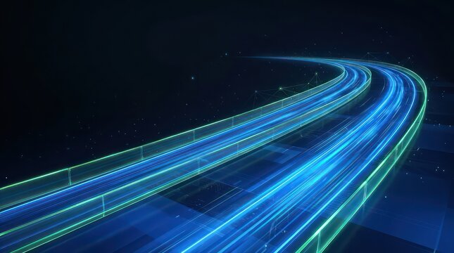 Panoramic glowing blue and green data channels with transparent guard structures and dark copy space for technology background