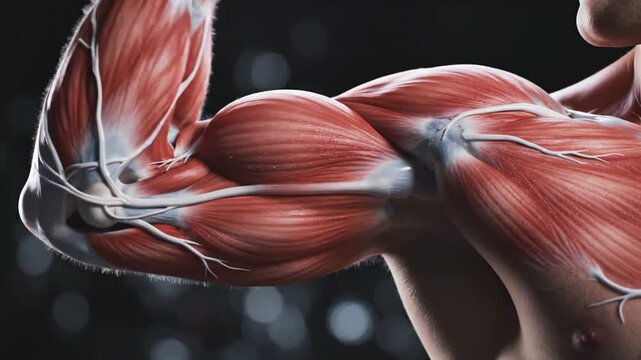 Detailed anatomical 3D render of human arm muscles and ligaments showing bicep and shoulder structure on dark background