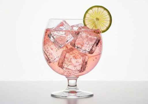 Refreshing Pink Gin and Tonic Cocktail with Ice Cubes and Lime Slice G