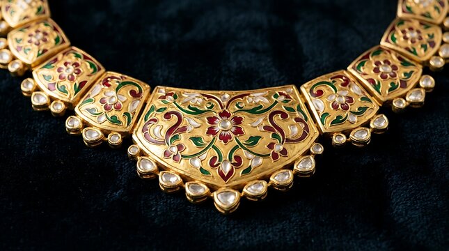 Luxury Traditional Indian Gold Necklace with Intricate Floral Meenakari Enamel Work and Kundan Stones on Dark Velvet