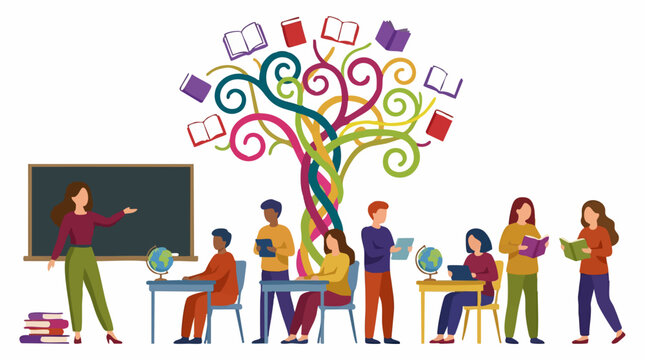 Education concept with teacher, diverse students, and vibrant knowledge tree