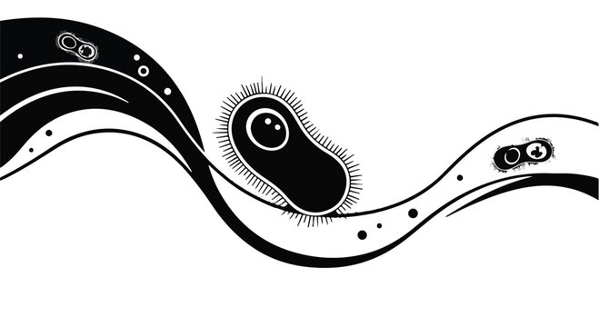 Microorganisms travel along a fluid wave pattern in this detailed biological representation.