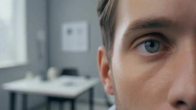 Close up of man eyes looking around in office