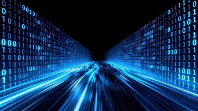 Digital binary code tunnel with light trails