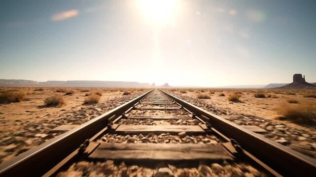 Low angle POV of train tracks receding into the desert landscape toward a bright sun on a sunny day