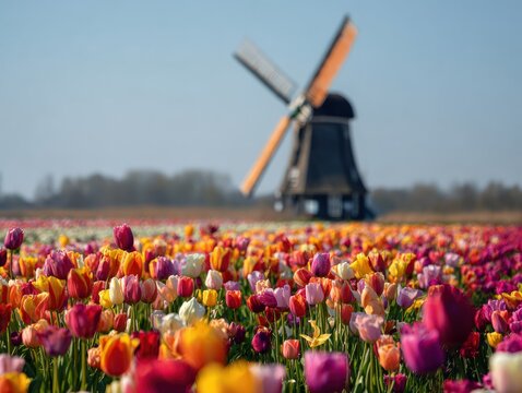 Colorful tulip field with Dutch windmill in background during spring bloom