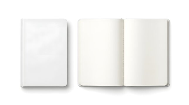 Blank notebook and open journal on white background