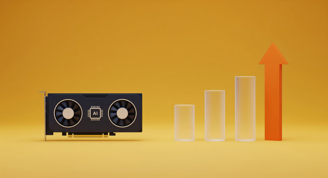 AI graphics card powering data center growth, rising bar chart and upward arrow illustrate compute demand for machine learning investment and cloud infrastructure planning for procurement teams