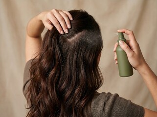 Fototapeta premium A person from behind applying a spray product to their dark wavy hair and scalp for hair care.
