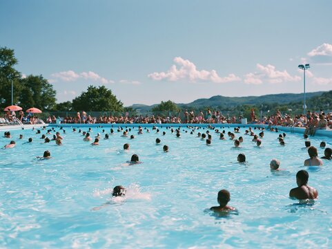 Wide candid shot of a busy public outdoor swimming pool filled with numerous people enjoying the water under a clear blue sky and surrounded by trees and umbrellas