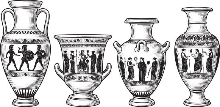 Collection of ancient Greek vases and amphorae with traditional pottery patterns and figures, hand-drawn vector sketch in detailed engraving style.