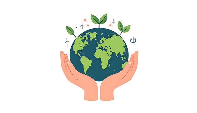 Hands cradle pixelated earth with green sprouts, symbolizing environmental protection and sustainable growth