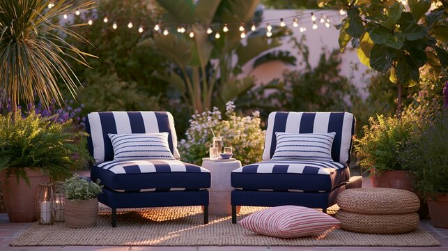 Outdoor patio furniture featuring two striped lounge chairs and a small table surrounded by lush greenery in a summer garden setting with decorative string lights