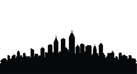 Fototapeta premium Skyscrapers form a dense urban skyline silhouette against a plain white background for architectural projects.