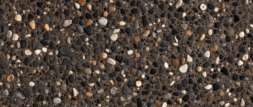 a dark brown background speckled with a high concentration of small, angular and rounded aggregate pieces
