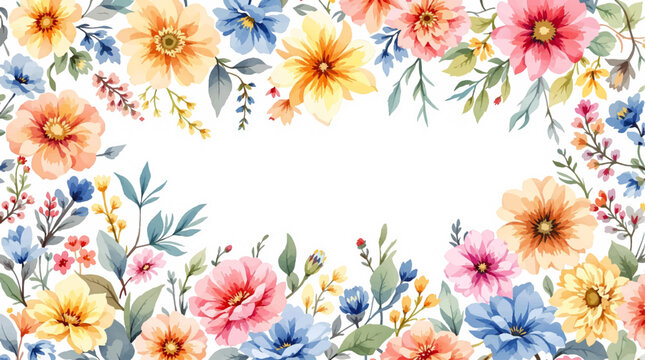 Dreamy Botanical Watercolor Artwork Featuring Colorful Flowers And Soft Leaves Around Empty White Space Elegantly