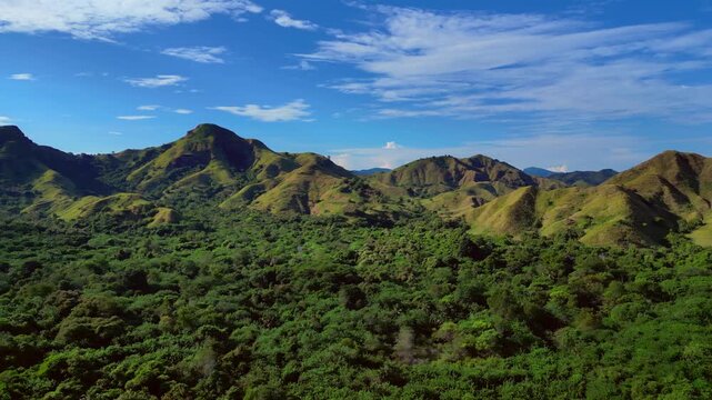 Expansive view of komodo island's rolling hills covered in lush green forest and grasslands under a blue sky. Unique aerial view panorama overview drone