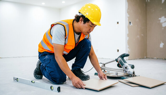 digital style, a worker in a yellow hard hat and orange vest pressing a square tile into place