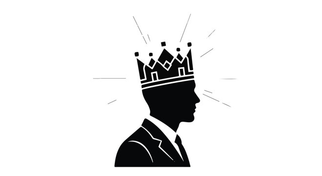 Businessman wearing a crown appears in silhouette against a light background representing leadership and success.