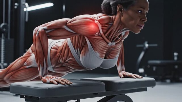 Female athlete with muscular anatomy overlay performing pushups on a bench in a gym with shoulder injury highlights