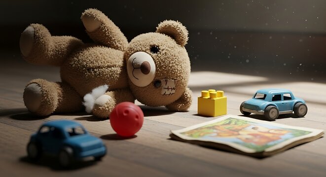 Teddy bear with toys on floor.