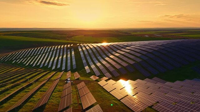 Solar panels align in rows across green fields as the sun sets in the background. The scene highlights the use of solar energy in agriculture.