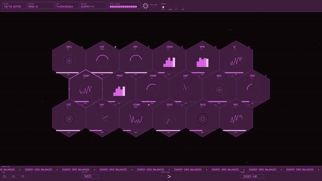 A sophisticated futuristic head up display features a grid of purple hexagonal modules monitoring various spaceship systems. The interface displays real time telemetry including propulsion, communicat