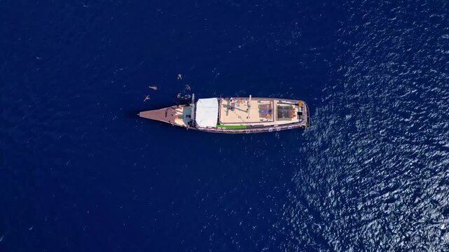Traditional phinisi boat on open water with a person jumping off the bow into the sea. Nice aerial view vertical bird's eye view drone