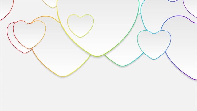 Minimalist background with overlapping white paper-cut hearts and colorful rainbow gradient outlines. LGBTQ pride month motion design. Seamless loop. Video animation Ultra HD 4K 3840x2160