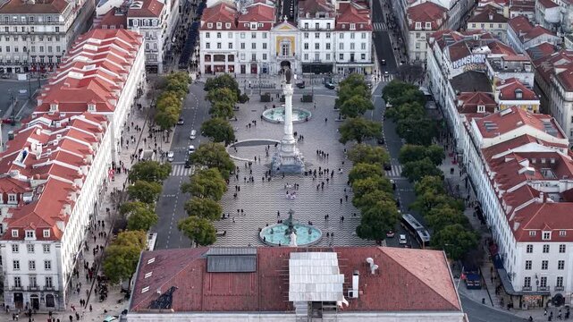 The King Pedro IV Square, Rossio square in Pombaline Downtown of Lisbon, Drone shot