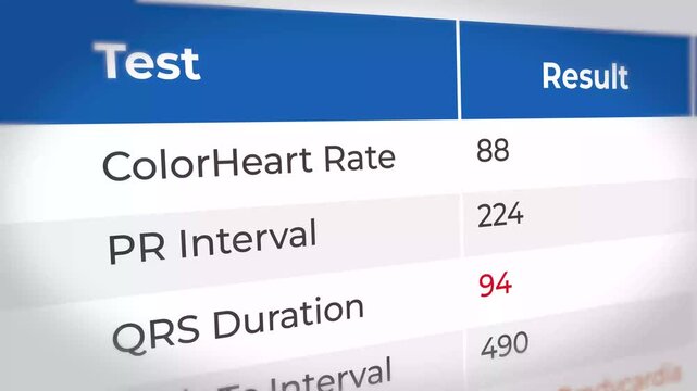 Close-up view of an electrocardiogram report showing heart rate and interval results on a screen