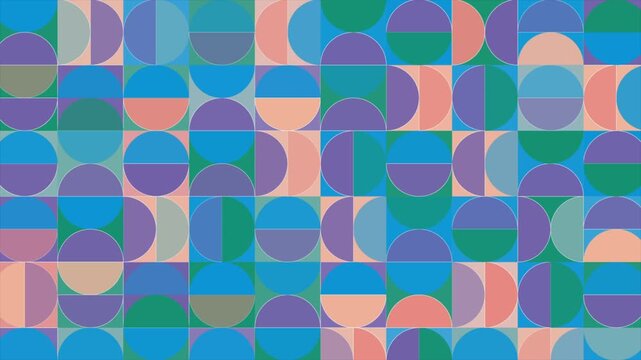 Mid-century geometric background with squares, circles and semi circles pattern. Modern bright aesthetics motion design. Video animation Ultra HD 4K 3840x2160