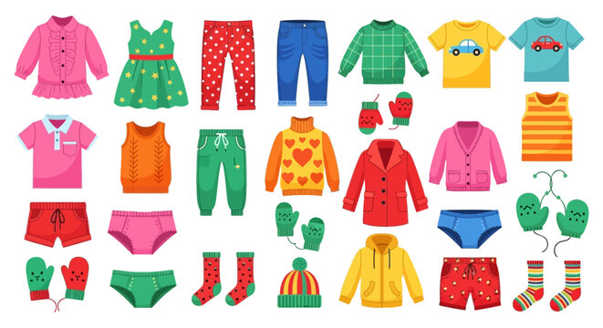 Colorful collection of various children clothes featuring sweaters pants shirts dresses mittens socks and hats for stylish young kids