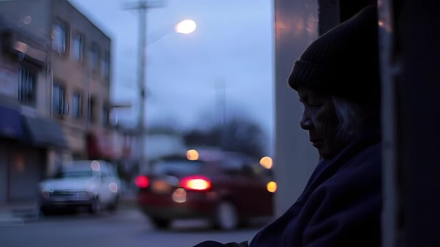 Elderly man sitting on urban sidewalk during twilight.