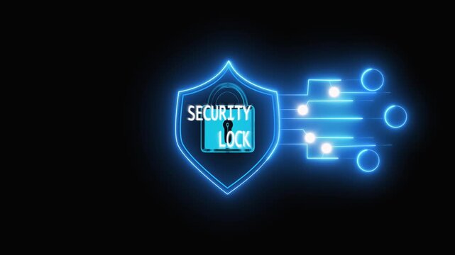 Illuminated shield representing security and protection with a lock symbol