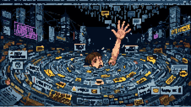 Pixel art of a person drowning in a whirlpool of social media icons and digital notifications representing information overload