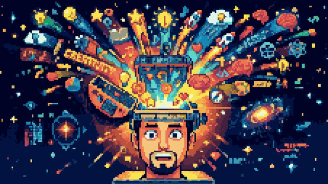 Pixel art of a man with an exploding mind releasing creative ideas, light bulbs, stars and cosmic symbols