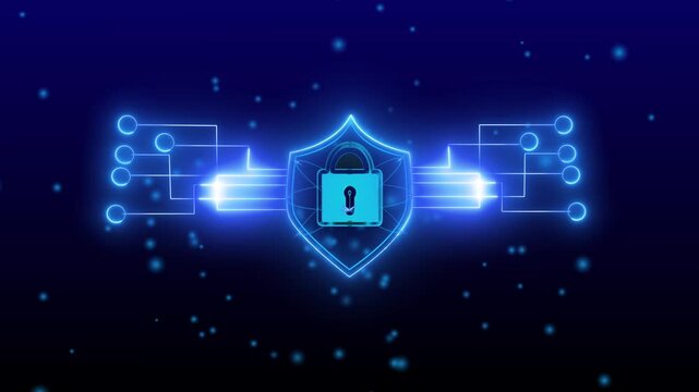 Digital security shield with a lock symbol glowing in a futuristic style