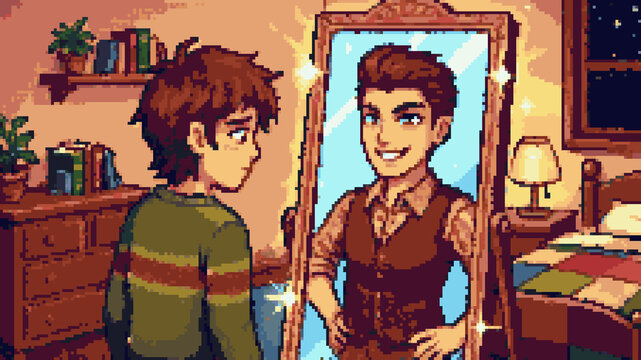 Pixel art of a young man looking in a mirror and seeing a more confident and successful version of himself