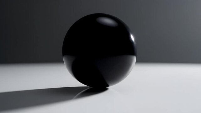 Matte black sphere on white surface with bright studio light.