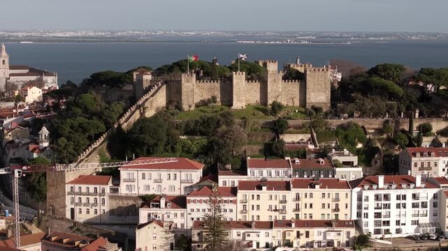 Castelo de Sao Jorge, Saint Georges Castle in Alfama district of Lisbon on Tagus river estuary, Drone