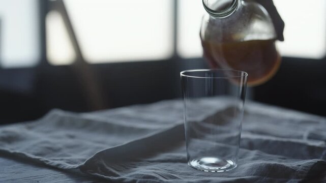 Slow motion pour orange juice into tumbler glass on linen cloth