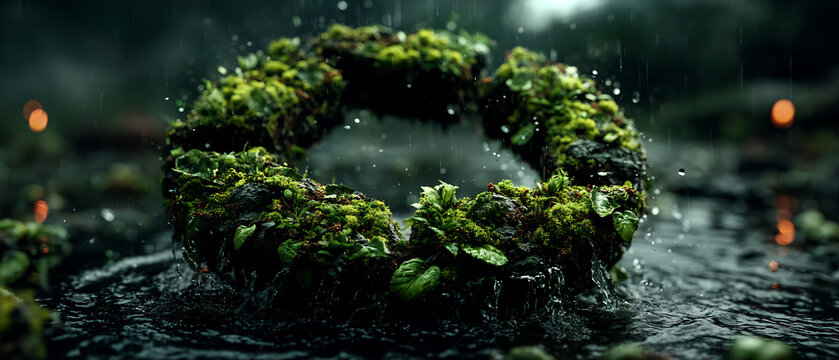 Mystical mossy ring of stones in a rainy forest setting
