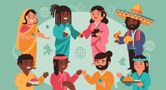 Diverse people from various cultures sharing food and shaking hands in a global unity scene outdoors.