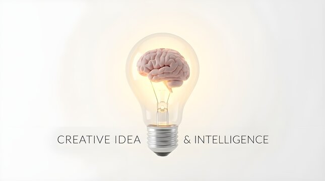 Creative idea and intelligence concept, glowing light bulb with human brain inside, mental power and innovation illustration on white background