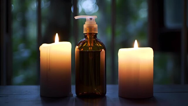 Two lit candles and pump bottle on wooden surface.