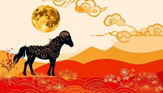 Minimal Japanese New Year background with sheep silhouette traditional seasonal illustration