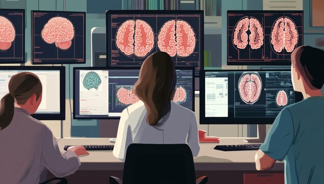 Female doctor working on multiple computer screens in an office, showing images of brains and brain scans, surrounded by other doctors as they exchange ideas about the medical diagnosis and treatment